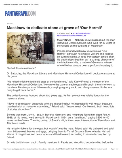 Mackinaw to dedicate stone at grave of ‘Our Hermit’